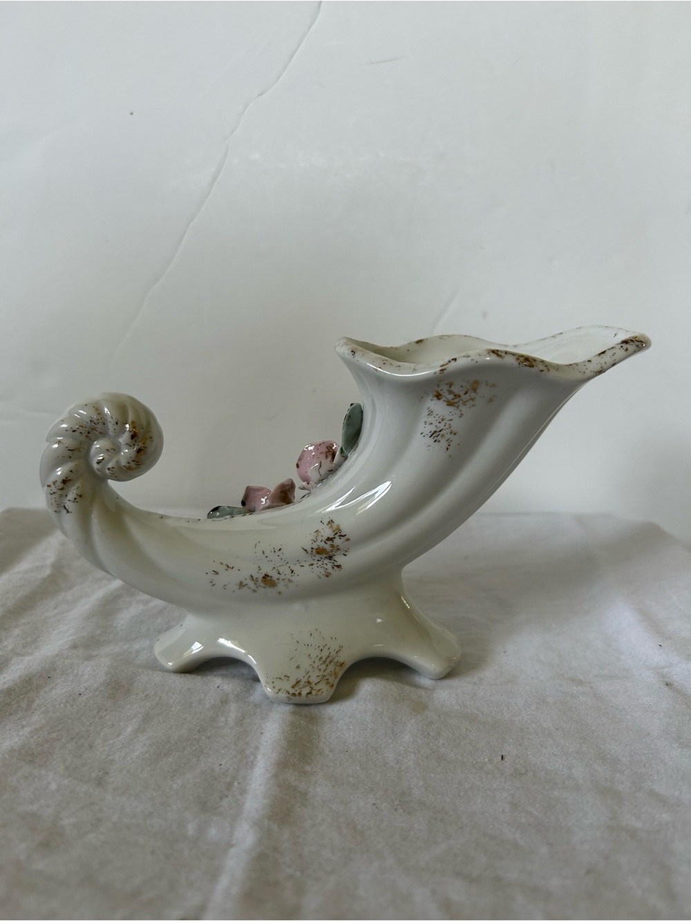 Porcelain White Cornucopia Vase with Pink Rose Accents - Picture 7 of 11